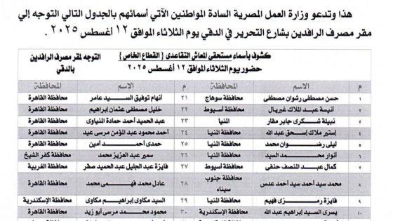 بالأسماء.. «العمل» تدعو مستحقي المعاشات التقاعدية العراقية من العمال المصريين لاستلام مستحقاتهم الأسبوع المقبل